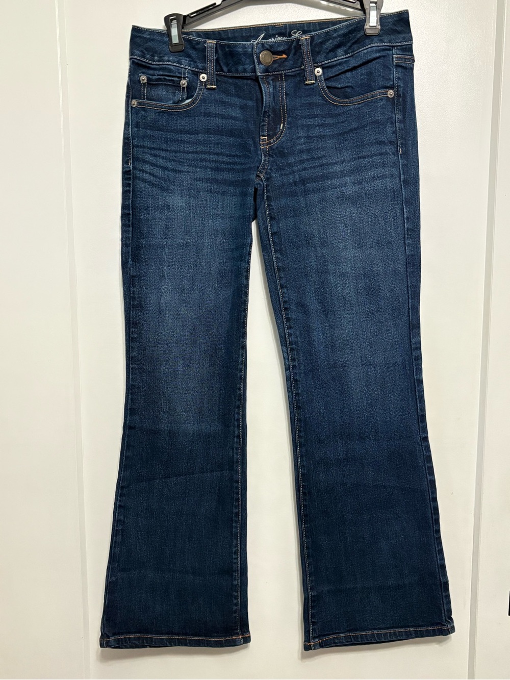 American Eagle Boyfriend Jeans 6 Short Blue Distressed Dark Wash Stretch AE